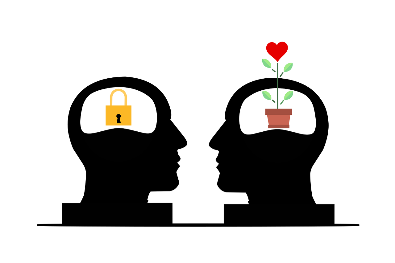 Two images of heads, one with a locak and one with a plant groing a heart shaped flower. Cultivating a Growth Mindset in Hospitality