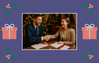 Male and female shaking hands having booked their corporate christmas party