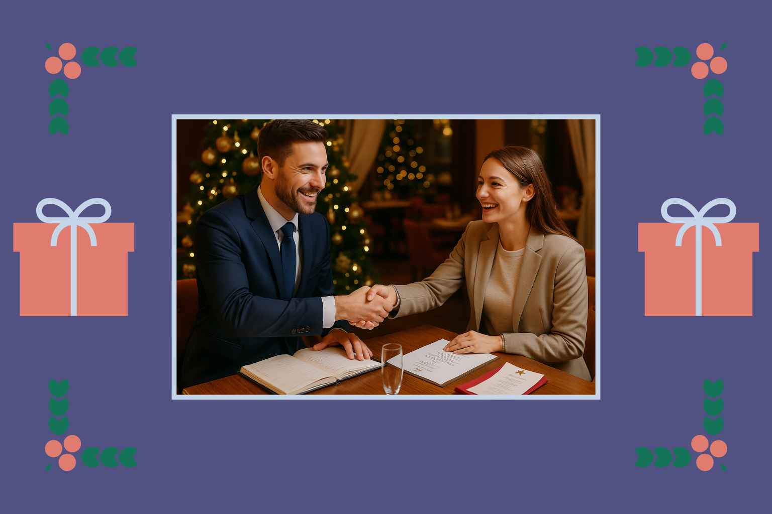 Male and female shaking hands having booked their corporate christmas party