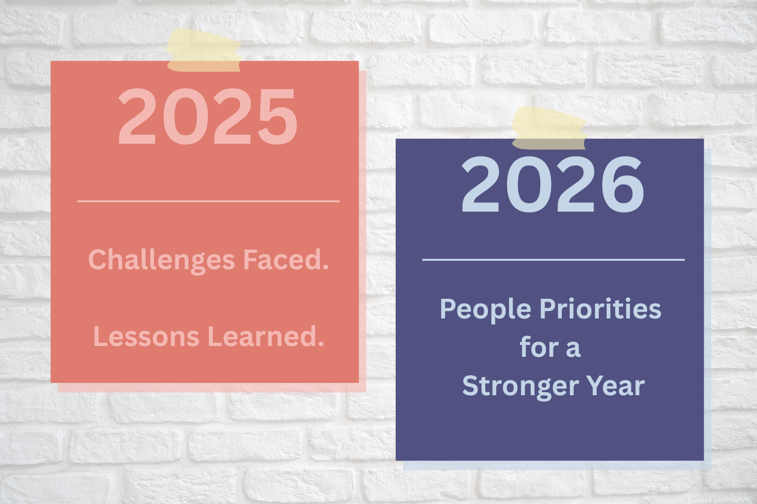 2025 and 2026 Calanders stuck to brick wall. 2025 HR Review and Priorities for 2026